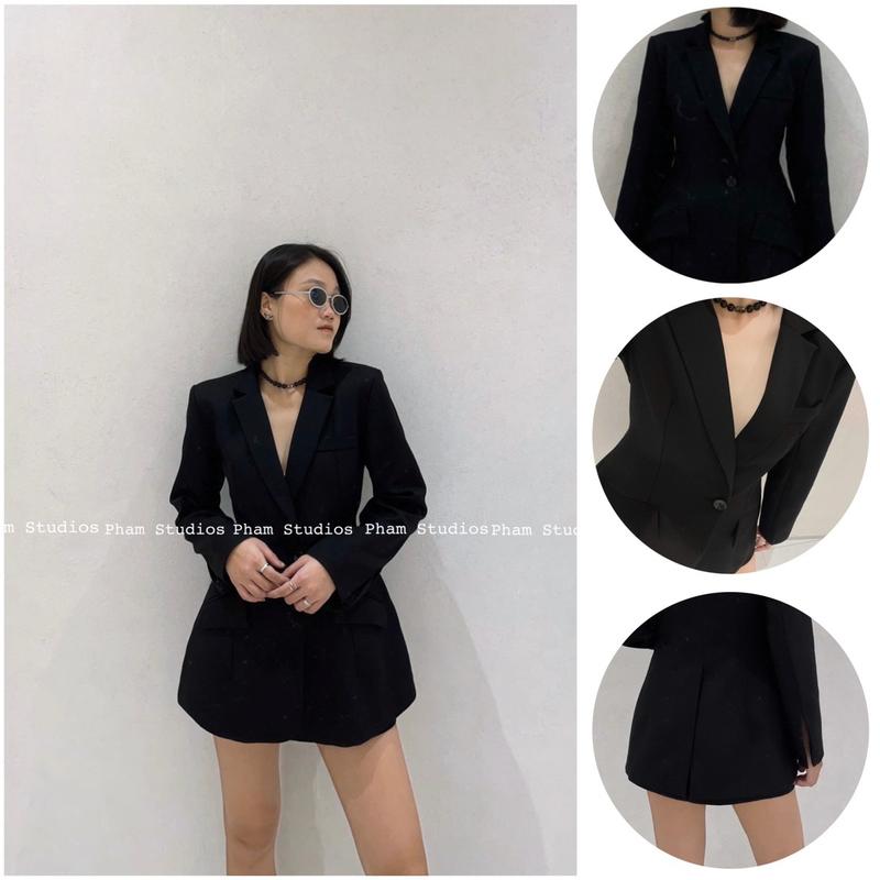 Pham Studios, Áo blazer dáng váy chiết eo và chân zip lót quần chất dạ lì
