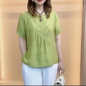 high quality korean style new version plain color bottoming shirts embroidery short sleeve round neck t-shirts mother clothes loose and thin shirts basic tees