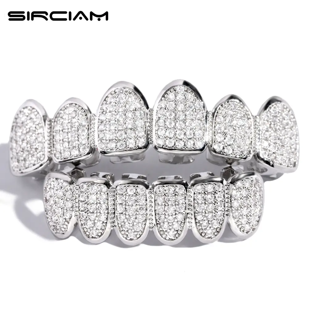 Silver Plated Iced Out Micro Pave Teeth Grillz For Men Top&Bottom AAA Cubic Zirconia Grills Set Man Women Dental Jewelry Gifts