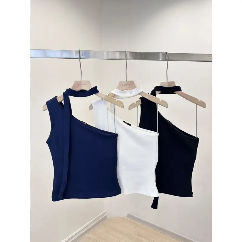 Kit 3pcs Blusa Feminina Ribana de algodao Canelado Mula Manca Com decoracao de lenco Verao Tendencia