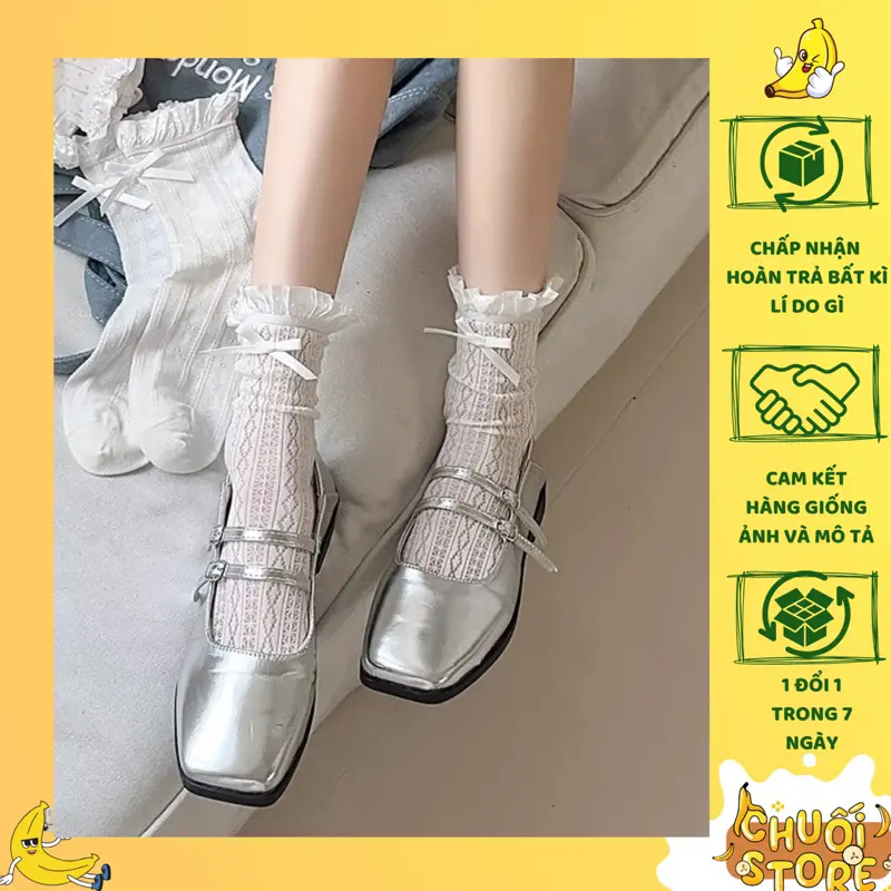 Tất lolita nơ cổ thấp chất liệu nơ lụa viền ren tiểu thư sang chảnh chất liệu lưới voan