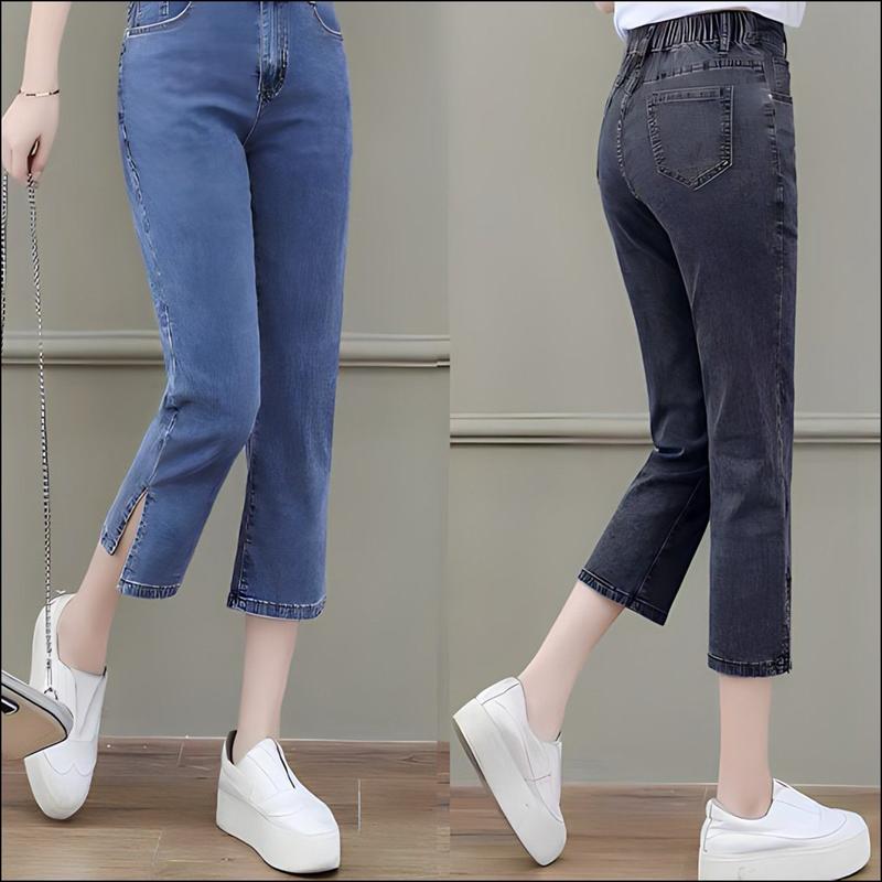 Quần Jean xẻ tà ống đứng, quần bò lửng cạp chun cho nữ co dãn thoải mái Women