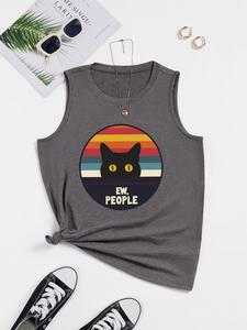 ImprinTee Women's Cartoon Cat & "EW, PEOPLE" Letter Print Round Neck Tank Top, Cute Graphic Sleeveless Top for Summer, Ladies Clothes for Daily Wear