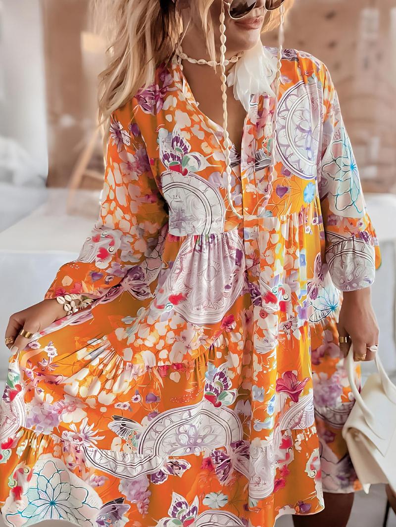 Product Introduction of Women's Floral Print Button Front Dress, Boho 3/4 Sleeve Short Dress for Summer, Ladies Clothes for Beach Holiday Vacation, Holiday Dresses 5