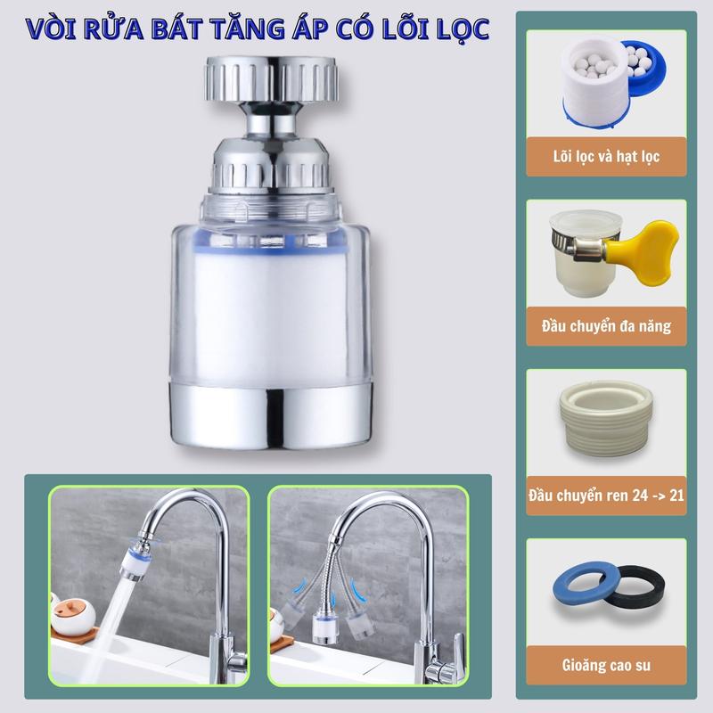 Đầu vòi rửa bát chén tăng áp có lõi lọc khử clo dư xoay được 360 độ. Vòi tăng áp lắp đặt chậu rửa bát chén, bồn rửa mặt lavabo tích hớp lõi lọc cặn bẩn trong nước và xoay được 360 độ. voiloc nuoc vòi  lọc quân sự