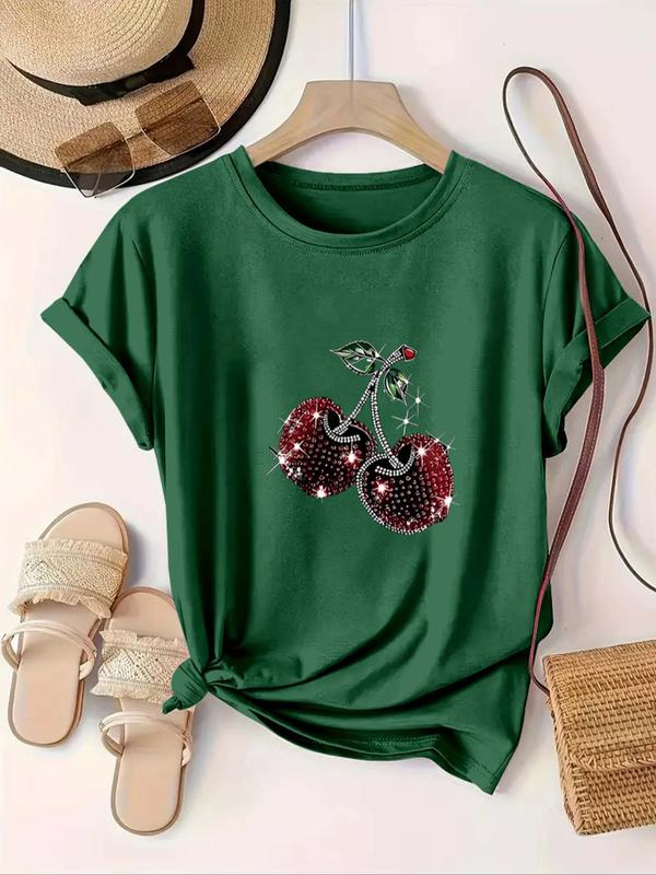 【Plus Size】 Cherry & Letter Print Round Neck Tee, Casual Short Sleeve T-shirt for Summer, Women's Plus Clothing for Daily Wear, Top 1