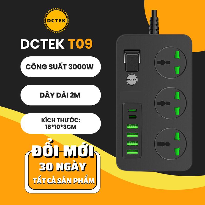 Ổ cắm điện đa năng DCTEK T09 4 cổng USB, 2 Type C chịu tải 3000W an toàn chống giật, chịu nhiệt, dây nối dài 2m ( plug goneo vn thông minh gắn tường )