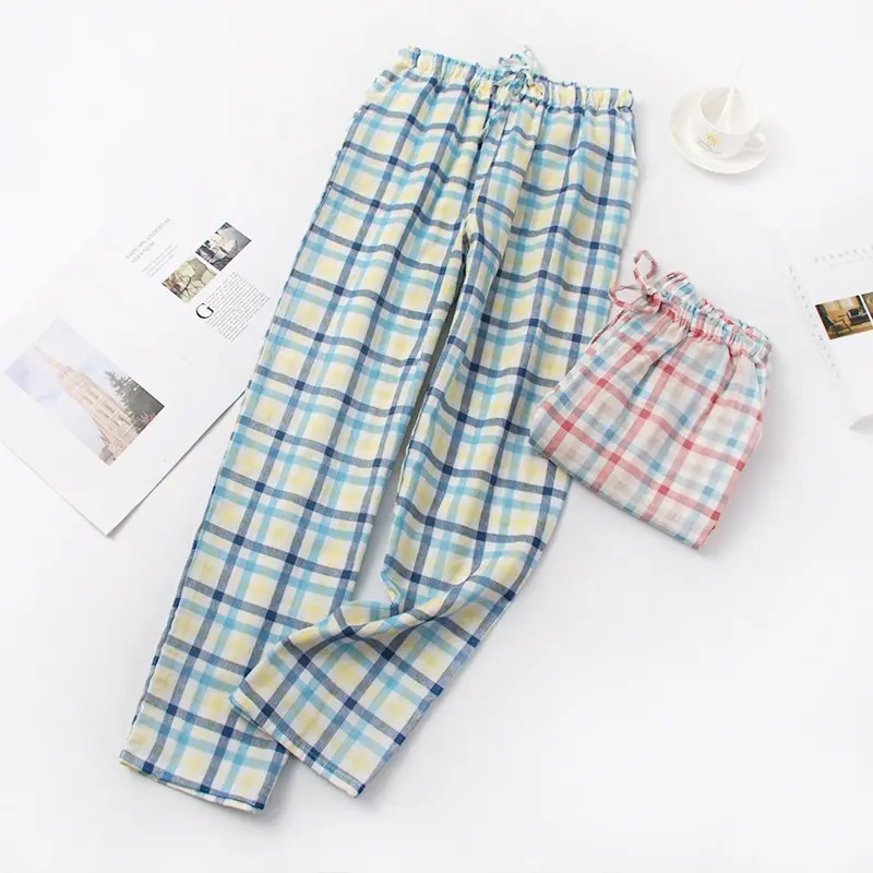 Spring and Autumn Pajama Pants Women's Cotton Loose Pants Japanese Checked Cotton Gauze Clothing Fabric
