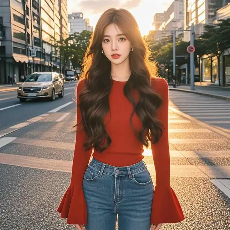 Áo Tay Loe Màu Đỏ, Độc Đáo Và Tuyệt Đẹp, Dành Cho Nữ, Bộ Sưu Tập Mùa Xuân, Cao Cấp Và Thanh Lịch, Mỏng Vừa Vặn, Áo Lớp Nền Top Women 0