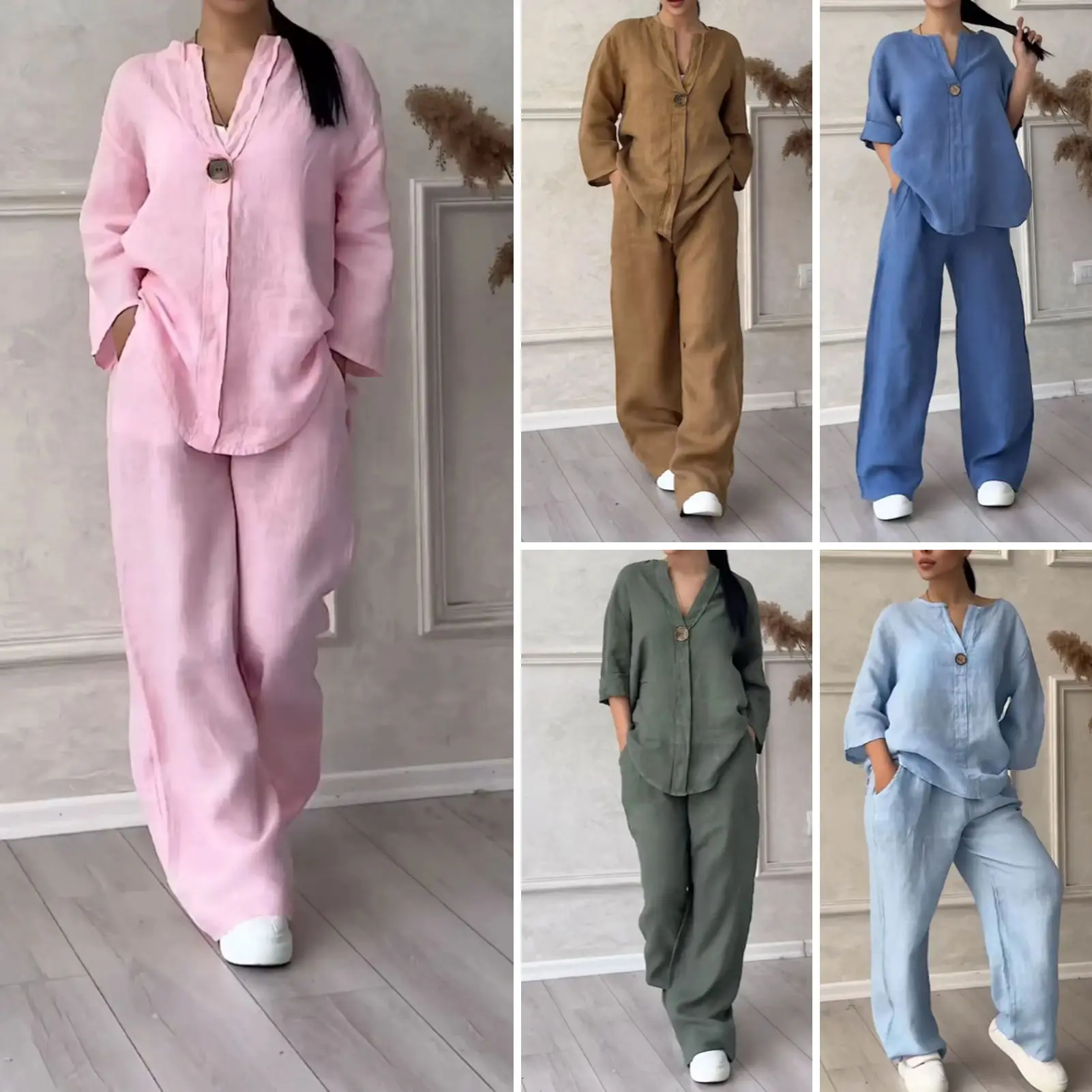 2 Pcs/Set Women Plus Size Shirt Trousers Set Solid Color Long Sleeves V Neck Blouse High Waist Loose Wide Leg Pants Set Casual Commute Outfit