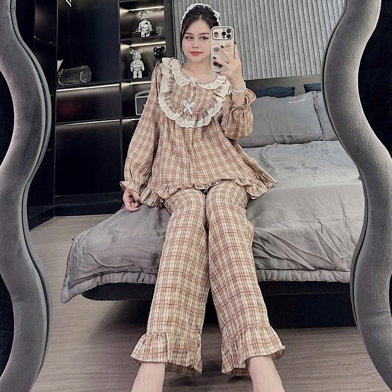 Set Bộ Đồ Nữ BabyDoll Phối Ren Bèo Cổ Yêm Đính Nơ Tiểu Thư, Bộ Quần Áo Dài Tay Mặc Ở Nhà Thiết Kế Thu Đông - K66 Women 3