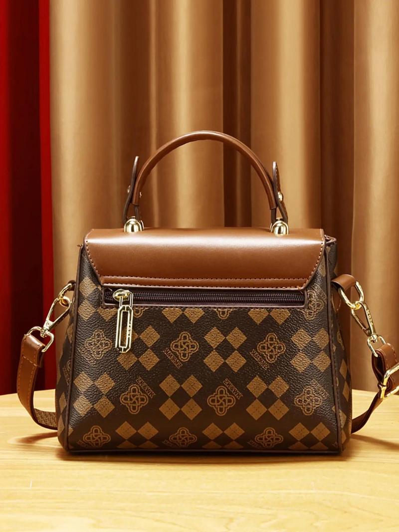 Product Introduction of Women's Retro Pu Leather Geometric Pattern Print Handbag, 2025 New Trendy Letter Label Decorated Crossbody Bag, Casual All-match Crossbody Bag for Work & Daily Used 15