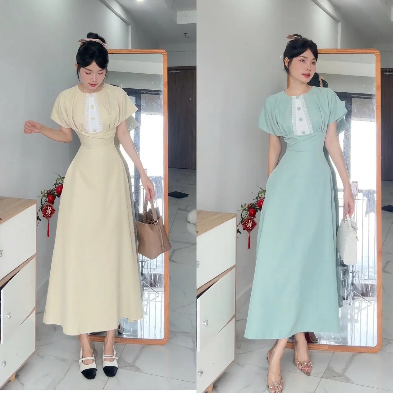 Váy Cổ Tròn Tay Liền Phối Ren Chiết Eo Nary Clothing Dress Women Nữ