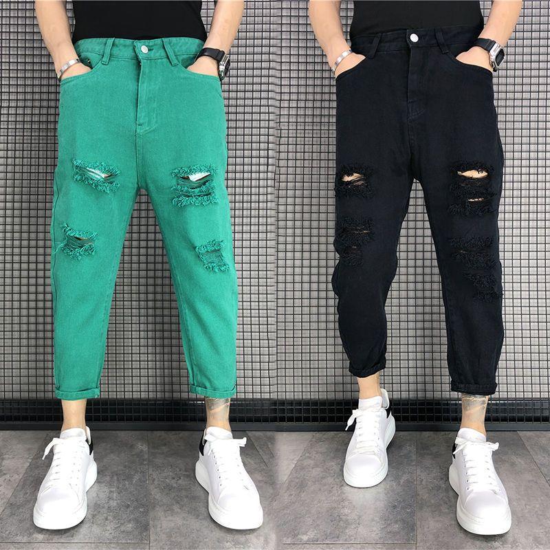 Quần Jean Rách Cho Nam, Thời Trang Hàn Quốc, Quần Cropped Xén, Dáng Ôm, Quần Mỏng, Phong Cách Người Nổi Tiếng Trên Internet, bó ống, Hàng Mới Về 2023