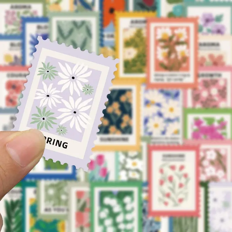 Flower Pattern Postage Stamp Sticker, 200pcs/set Self Adhesive Decorative Sticker, DIY Craft Decals for Phone Case, Scrapbooking, Journal Making 6