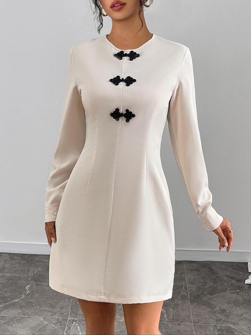 Product Introduction of Women's Round Neck A Line Dress, Casual Long Sleeve Short Dress for Spring & Fall, Women's Clothing for Daily Wear Valentine's Day, gift 3
