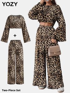 YOZY Women's Leopard Print Crop Top & Wide Leg Pants Two-piece Set, Casual Fashion Cozy Top & Trousers for Daily Outdoor Wear, Ladies Clothes for Spring & Fall