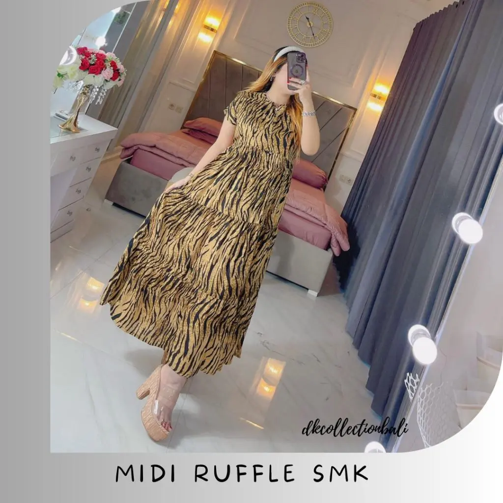 Grosir Ecer Midi Ruffle Semata Kaki SMK Motif Busui Friendly Rayon Premium by Shel Cantik