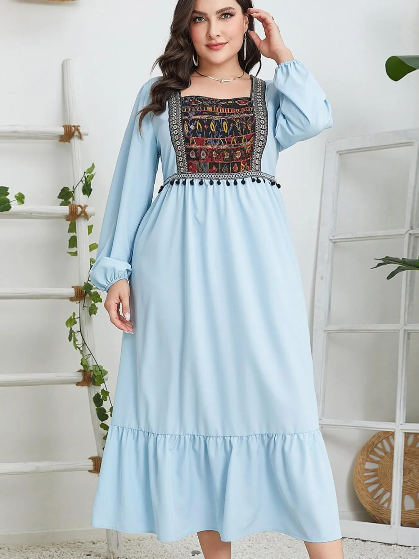 Plus Ethnic Pattern Tassel Ruffle Hem Bishop Sleeve Smock Dress, Elegant Long Sleeve Square Neck High Waist Dress for Daily Vacation Party, Women Plus Clothing for Fall & Winter