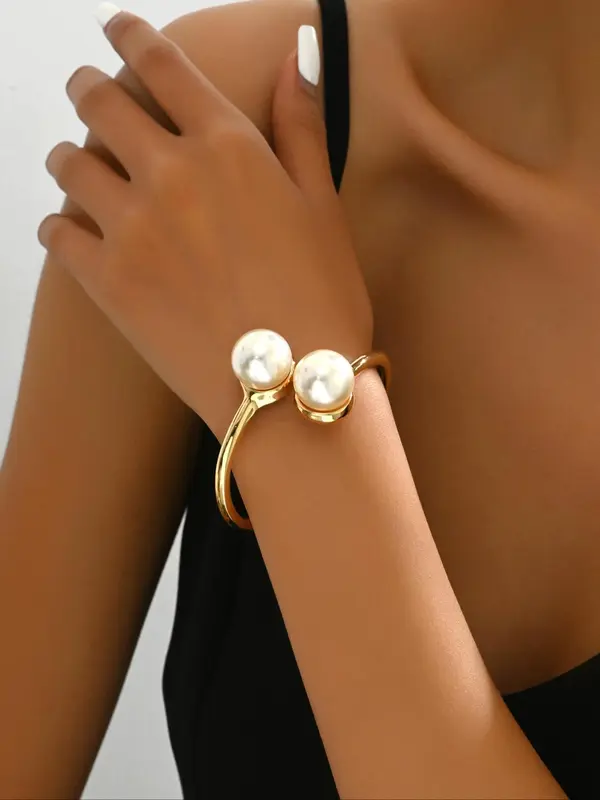 Faux Pearl Decorated Cuff Bangle for Women & Girls, Fashion Jewelry for Party, Daily Clothing Decor, Trendy All-match & Exquisite Jewelry for Birthday Gift 0