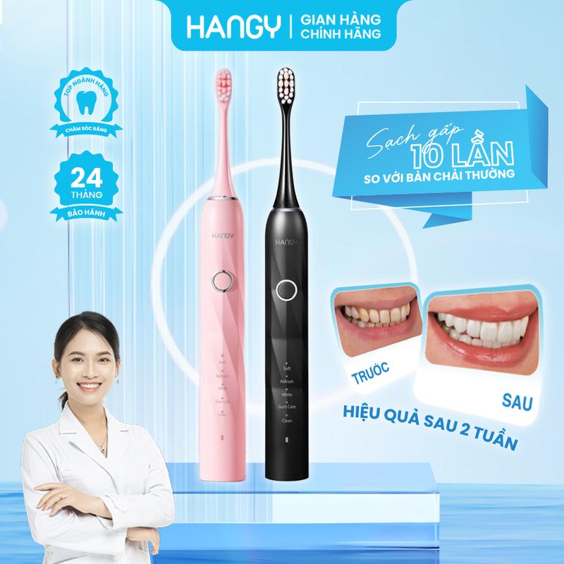 Bàn chải điện HANGY HY23PRO công nghệ sóng âm thông minh, hỗ trợ cải thiện độ trắng răng và hỗ trợ cải thiện mảng bám. Bảo hành 2 năm - lỗi 1 đổi 1 trong 1 năm. Tặng kèm 4 đầu chải