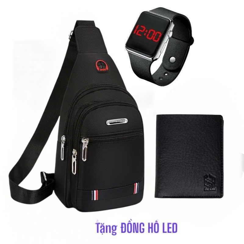 Combo 3 Món: Túi Đeo Chéo Vải Canvas+ Đồng Hồ LED Thời Trang+ Ví Da Nam Dáng Đứng