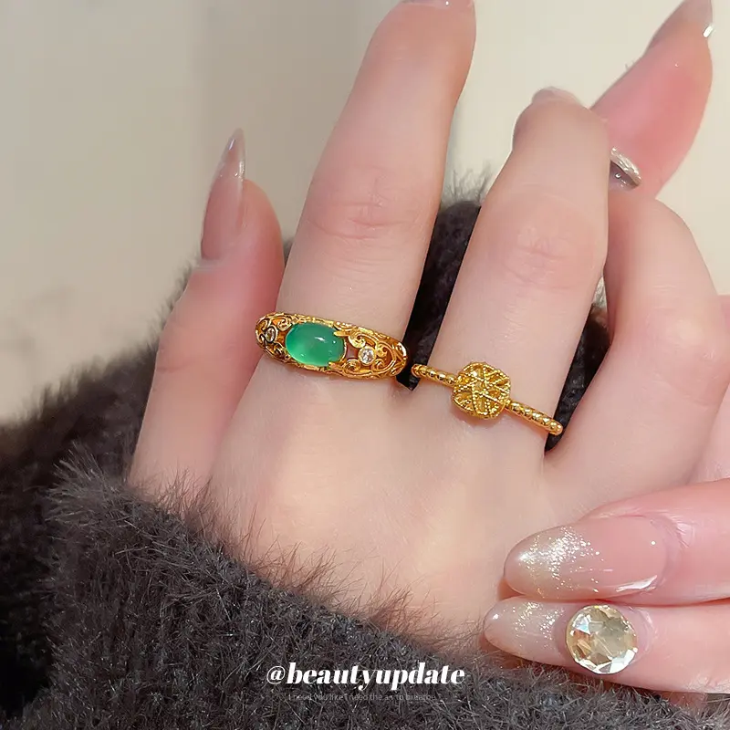 Real Gold Electroplated Zircon Oval Open Ring Female Niche Retro Temperament Index Finger Ring Affordable Luxury Fashion All-Match Jewelry