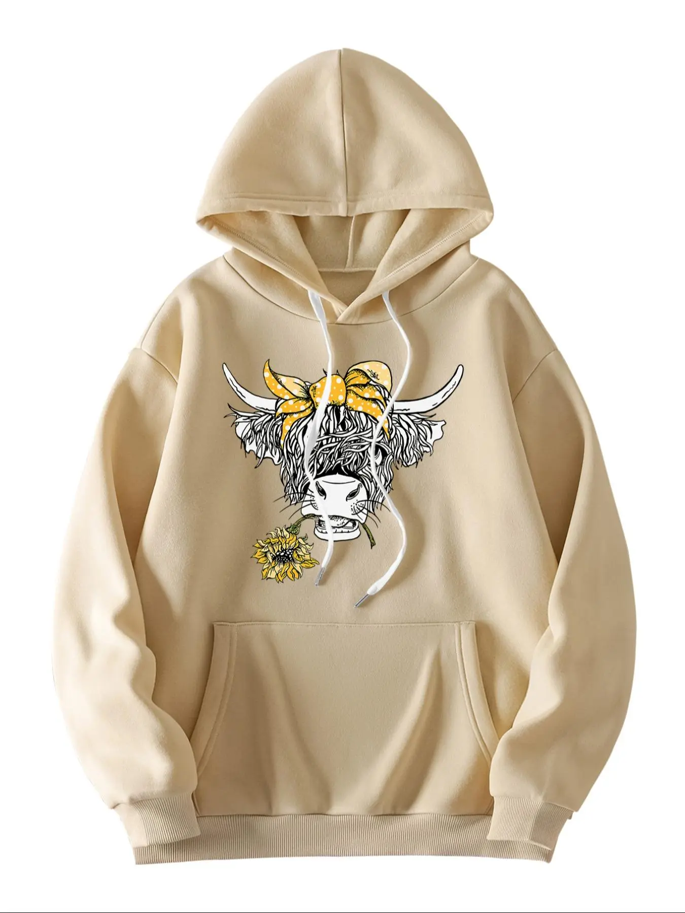 Women's Floral & Highland Cow Print Drop Shoulder Hoodie, Fashion Casual Drawstring Pocket Hooded Sweatshirt for Daily Holiday Outdoor Wear, Women Clothing for Fall & Winter