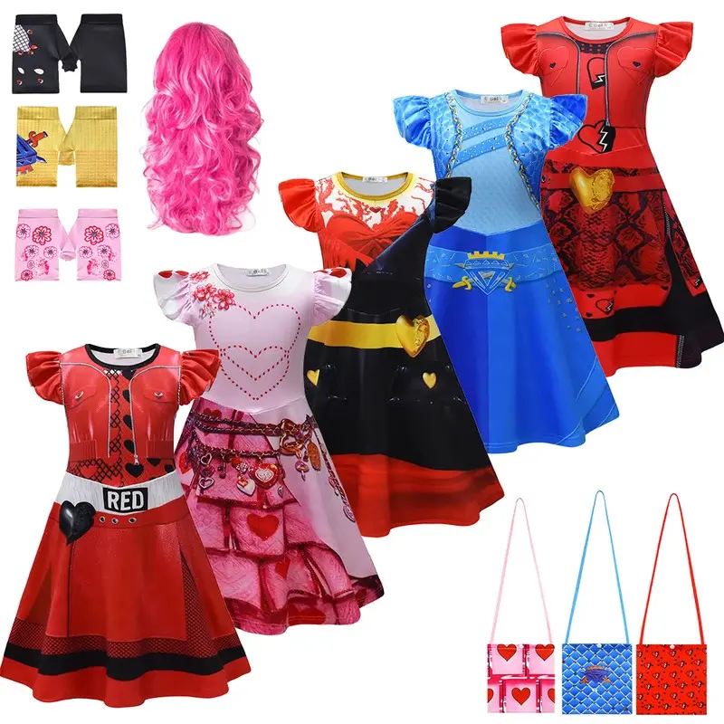 Descendants 4 Fancy Girls Halloween Queen of the Hearts Bridget Cosplay Costume Princess Red Cinderella Chloe Dress Up Pink Wig