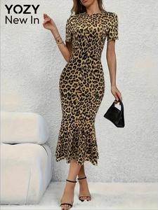 YOZY Women's Leopard Print Mermaid Dress, Fashion Casual Short Sleeve Midi Dress for Daily Outdoor Wear, Women Dress for Summer
