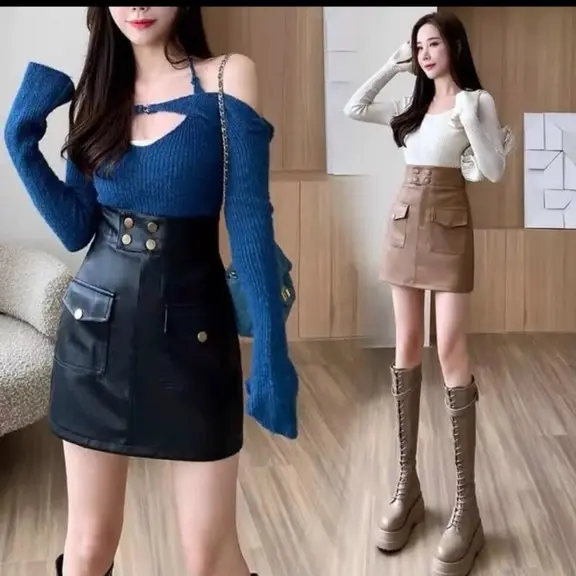 Chân váy da 4 khuy hai túi nắp 3