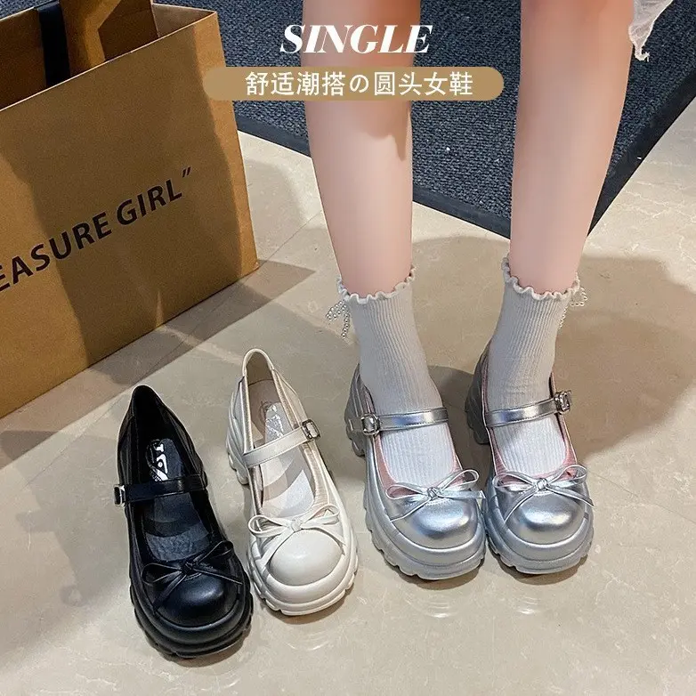 Giày Mary Jane, Phong Cách Mới Mùa Thu 2024, Đế Thắt Nơ Màu Bạc, Giày Cao Gót, Phong Cách Preppy, Giày Cao Gót Thời Trang Cắt Thấp, Người Nổi Tiếng Trên Internet