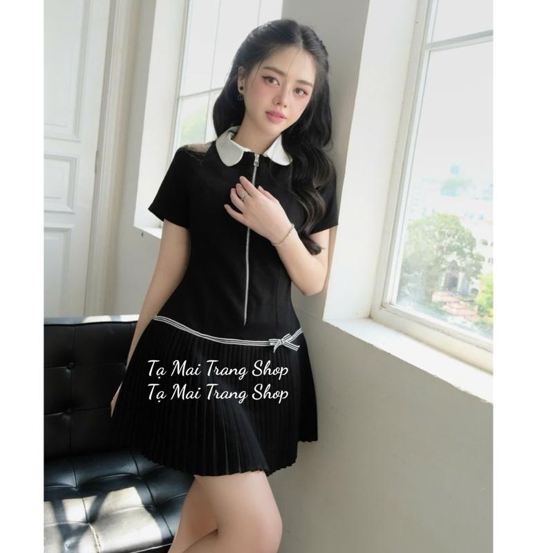 [Chất liệu chéo ý] Váy đầm cổ sen kéo khoá chất liệu chéo ý cao cấp sước bản mới sang chảnh tiểu thư ép mùng toàn váy có quần bo chun, váy có màu xanh navy và đen sang chảnh có đệm cầu vai may hai lớp và quần bo chun đủ 4