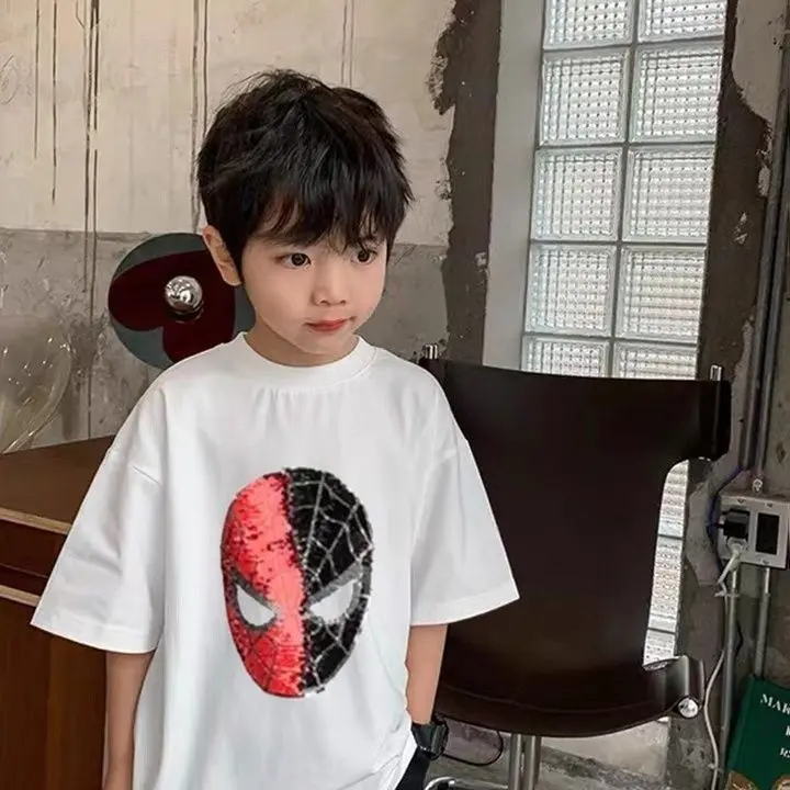 Áo Thun Đính Kim Sa Người Nhện, Cho Bé Trai, ngắn Tay, Thời Trang Sành Điệu, Thích Hợp Cho Mùa Hè Và Mùa Xuân, Quần Áo Trẻ Em Hợp Xu hướng Họa Tiết Người Sắt, Hàng Mới Về 2025
