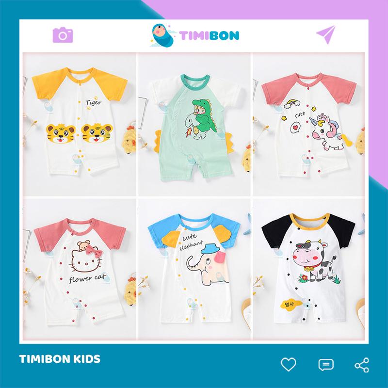 Quần Áo Trẻ Em Sơ Sinh Bộ Đồ Liền Thân Đùi Cộc Tay Vải Cotton Thun Bodysuit Hình Thú Cho Bé Trai Bé Gái babyshop88 timibon Voi Hổ [BDC19]