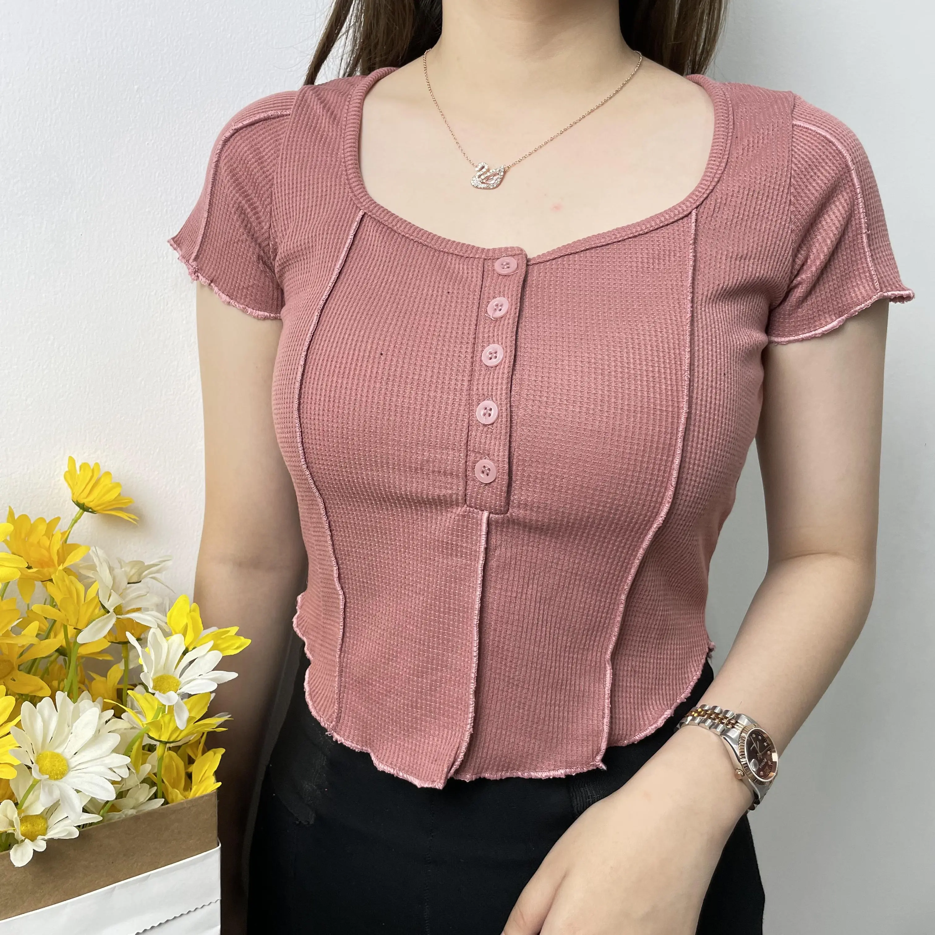 Crop Top Knit Oval Wanita #4907