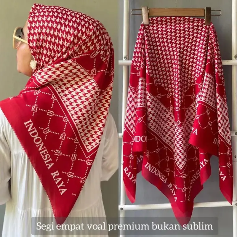 Hijab Segi Empat Voal Motif Kemerdekaan Premium \ Kerudung Agustusan Republik indonesia Raya Mewah Square Muslim Printing