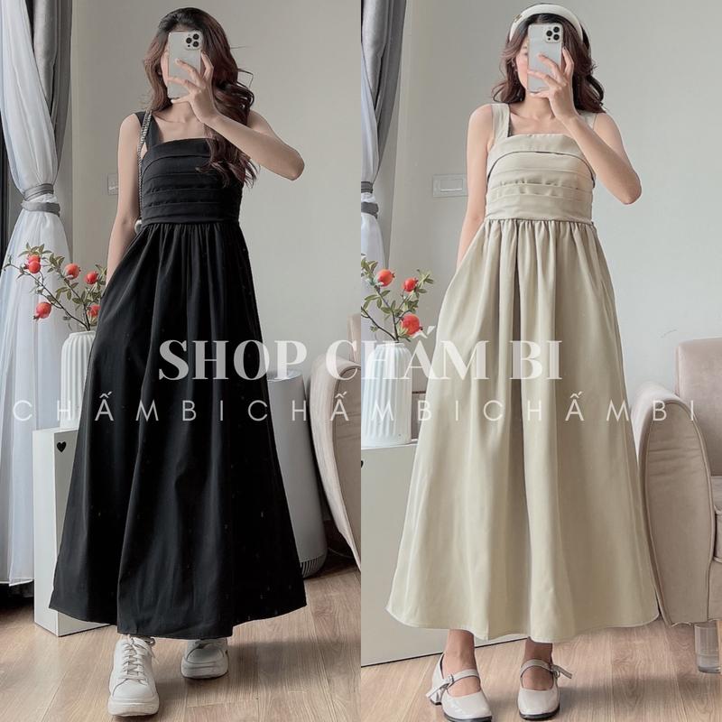 Váy nữ dáng dài V.147, Váy 2 dây xếp ly trước chun lưng cách điệu chất vải thô mềm mát 4 màu cực xinh - Shop Chấm Bi