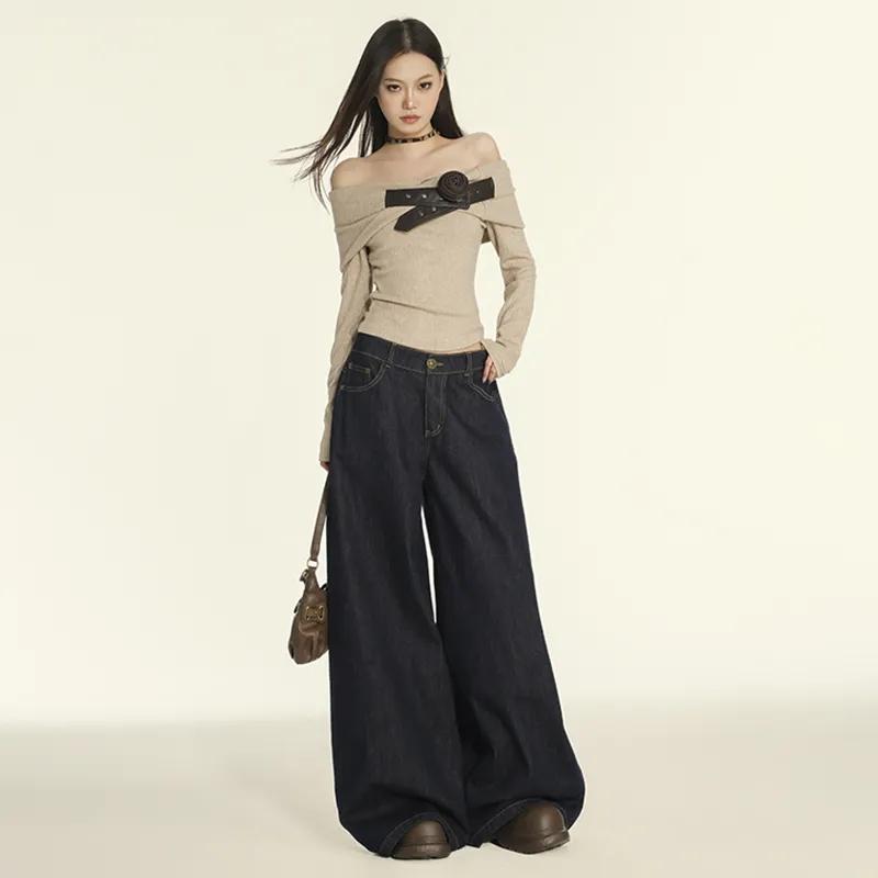 Product Introduction of Loose Wide Leg Jeans for Women 2024 Autumn New Trendy Hot Girl Low Waist Slimming and Straight Drape Mop Pants 3