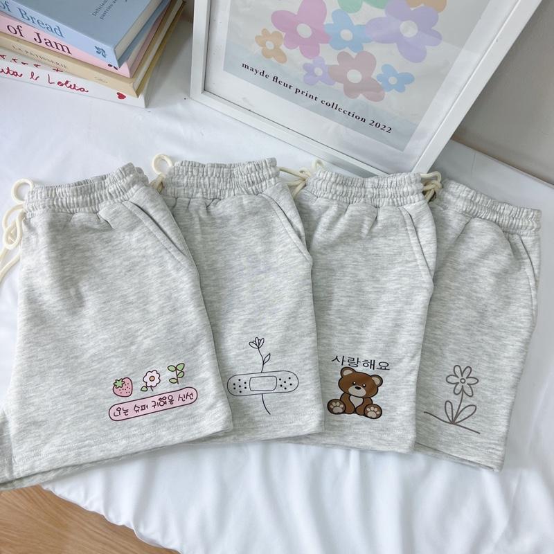 Quần short đùi nữ màu Xám tro in hình dễ thương , chất nỉ bông cotton , freesize dưới 55kg