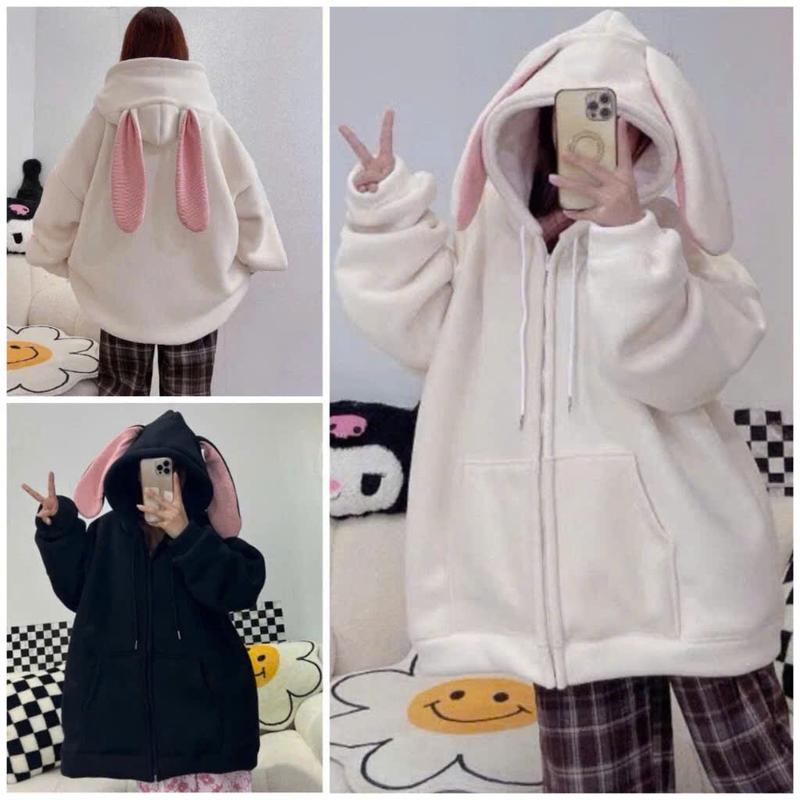 Áo hoodie nỉ tai thỏ tặng kèm nơ hồng chát nỉ tàu mũ trùm siêu xinh 4