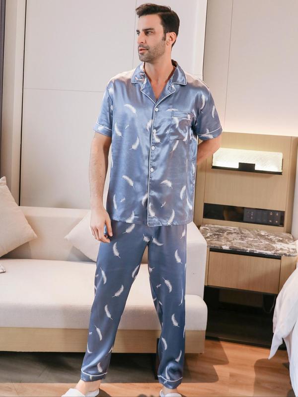 Three-Piece Set Men's All Over Print Button Front Pyjamas Set, Casual Pocket Shirt & Elastic Waist Pants & Contrast Binding Shorts, Men's Sleepwear Set for Summer 6