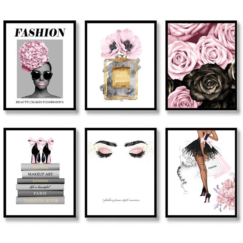 Fashionable Figure & Floral & Perfume Pattern Unframed Painting, 6 Counts Home Decor Trendy Canvas Wall Art Print Artist Posters, Bedroom Decorations 0