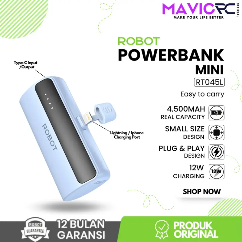 ROBOT RT045L / RT045C Powerbank Mini Real Capacity 4500mah Port Lightning & Type-C  Smart Power bank Built-in Cable - Garansi Resmi 1 Tahun 7