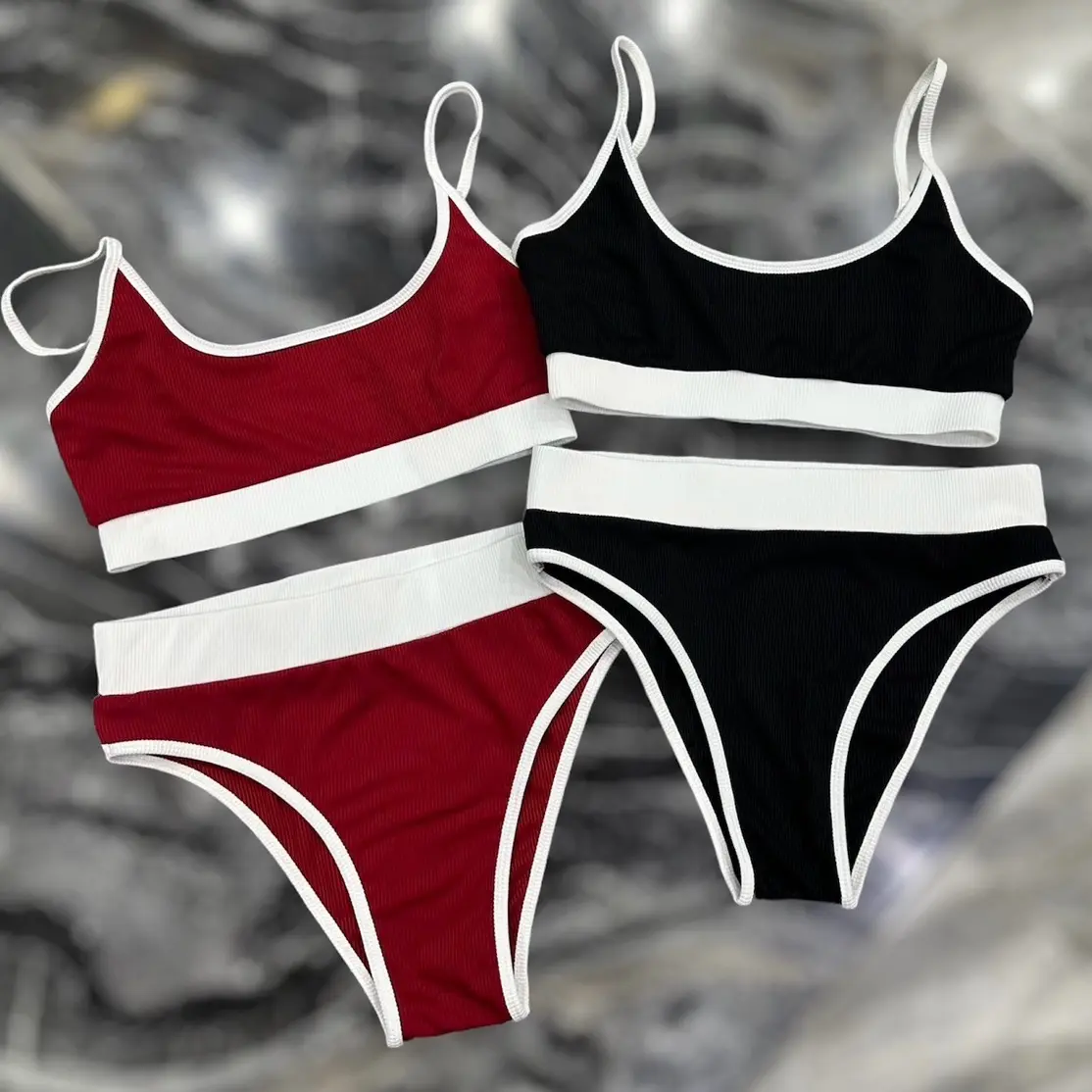 Sét Bikini Ba Lỗ ĐỎ ĐUN và ĐEN Vải Thun Gân Viền Trắng Co Giãn Nữ Women Nữ Women