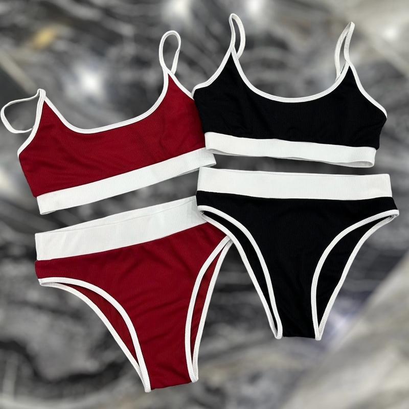 Sét Bikini Ba Lỗ ĐỎ ĐUN và ĐEN Vải Thun Gân Viền Trắng Co Giãn Nữ Women Nữ Women 0