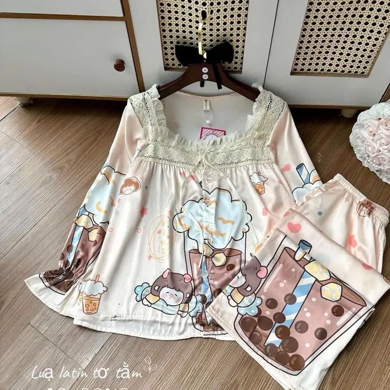 [40-60KG]Bộ Lụa Latin Tơ Tằm Cao Cấp TDQD Cổ Vuông Tiểu Thư Mix Ren In Full Họa Tiết 5D Queen Mềm Mát Mặc Nhà Cao Cấp VIP36 Women Nữ Áo Quần Ngủ  Top Cạp Cao Kem 3