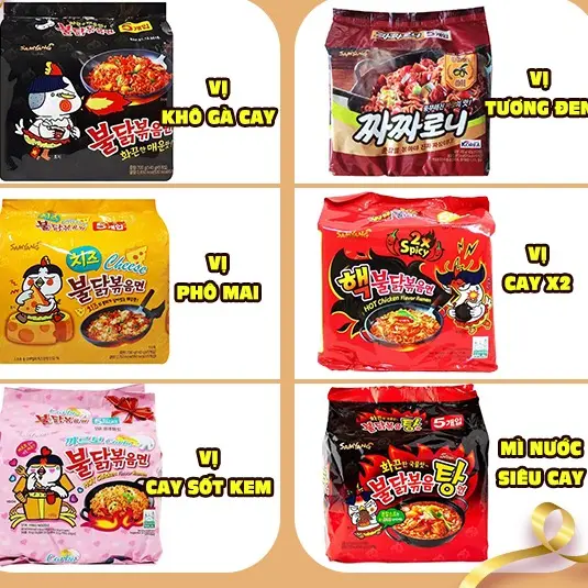 (Đủ vị) LỐC 5 GÓI Mì gà cay Samyang Hàn Quốc, mi ăn liền nhập khẩu Hàn Quốc, mì phô mai Samyang, mì rau củ, mì súp kem Carbonara Miến