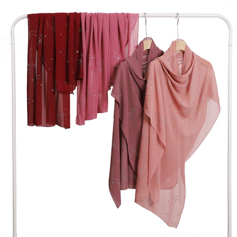 High-End Heavy Craft Bowknot Rhinestone Solid Color Chiffon Long Scarf Full Rhinestone Shawl Headscarf Cape Scarf Silk Scarf for Women 0
