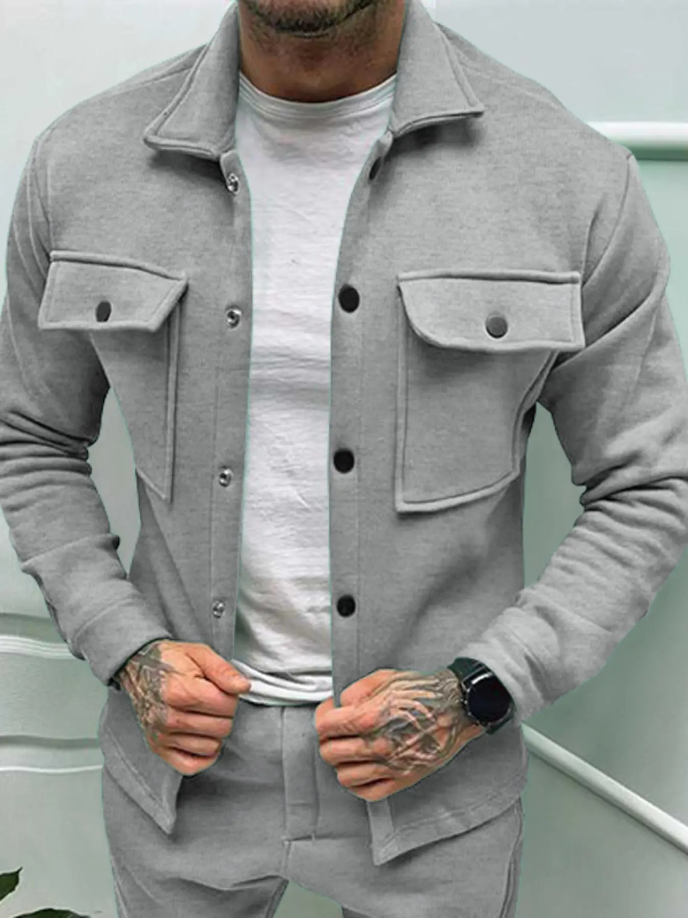 Men's Solid Color Button Front Jacket, Regular Fit Casual Pocket Long Sleeve Collared Outerwear for  Fall, Fashion Men's Clothes for Daily Wear